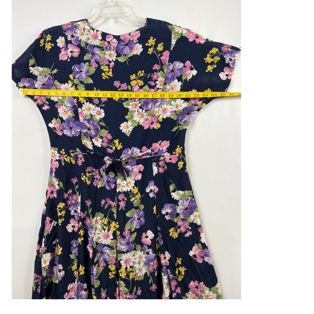 Vintage Erika Floral Midi Dress Womens Large Navy Blue V-Neck Short Sleeve - Picture 7 of 13